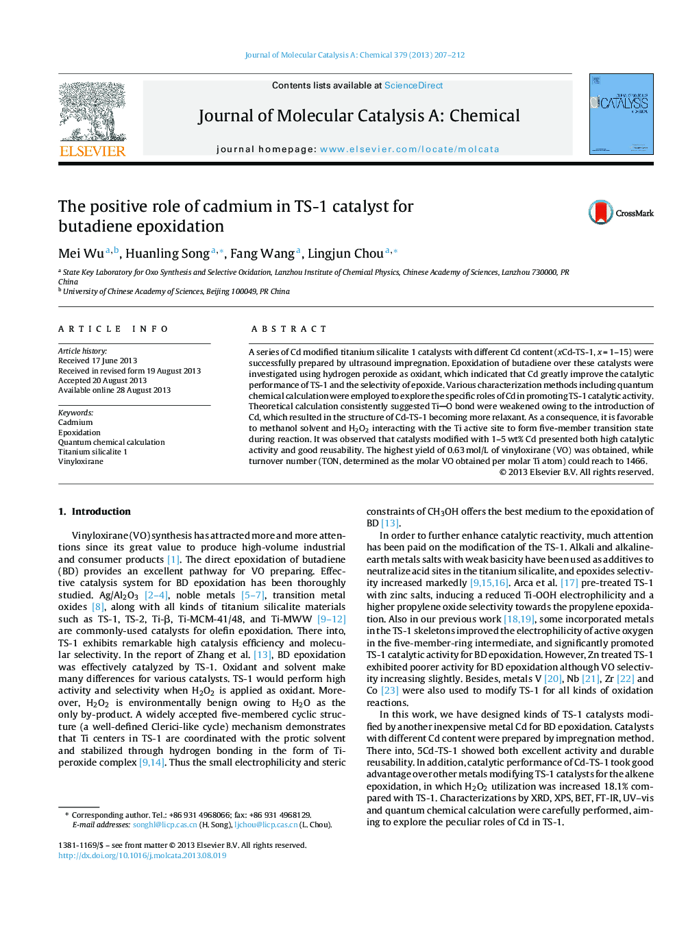 The positive role of cadmium in TS-1 catalyst for butadiene epoxidation