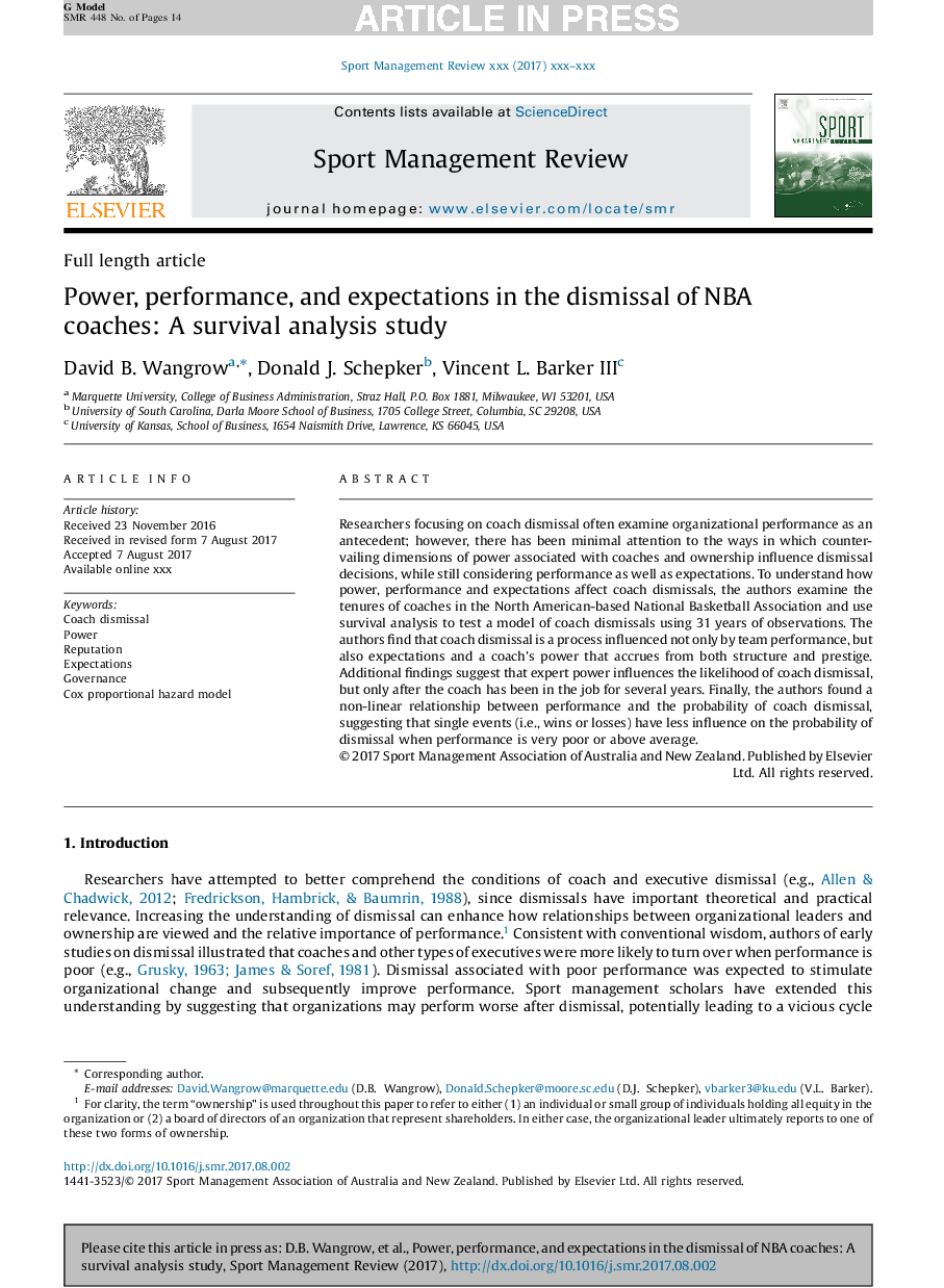 Power, performance, and expectations in the dismissal of NBA coaches: A survival analysis study