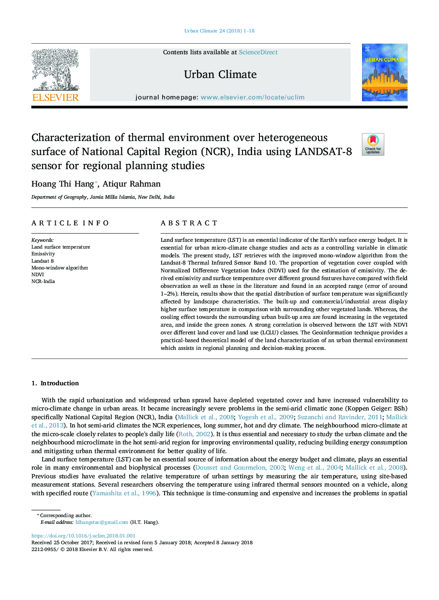 Characterization of thermal environment over heterogeneous surface of National Capital Region (NCR), India using LANDSAT-8 sensor for regional planning studies