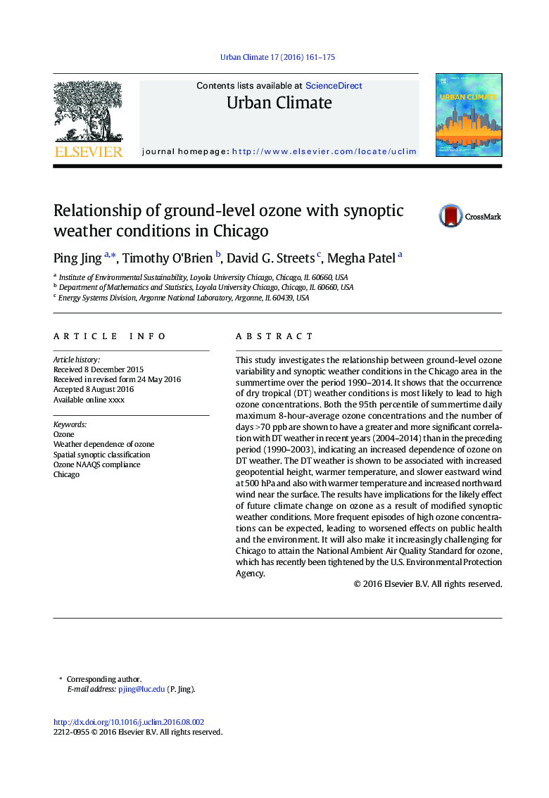 ارتباط سطح ازن زمین با شرایط آب و هوایی سینوپتیک در شیکاگو 