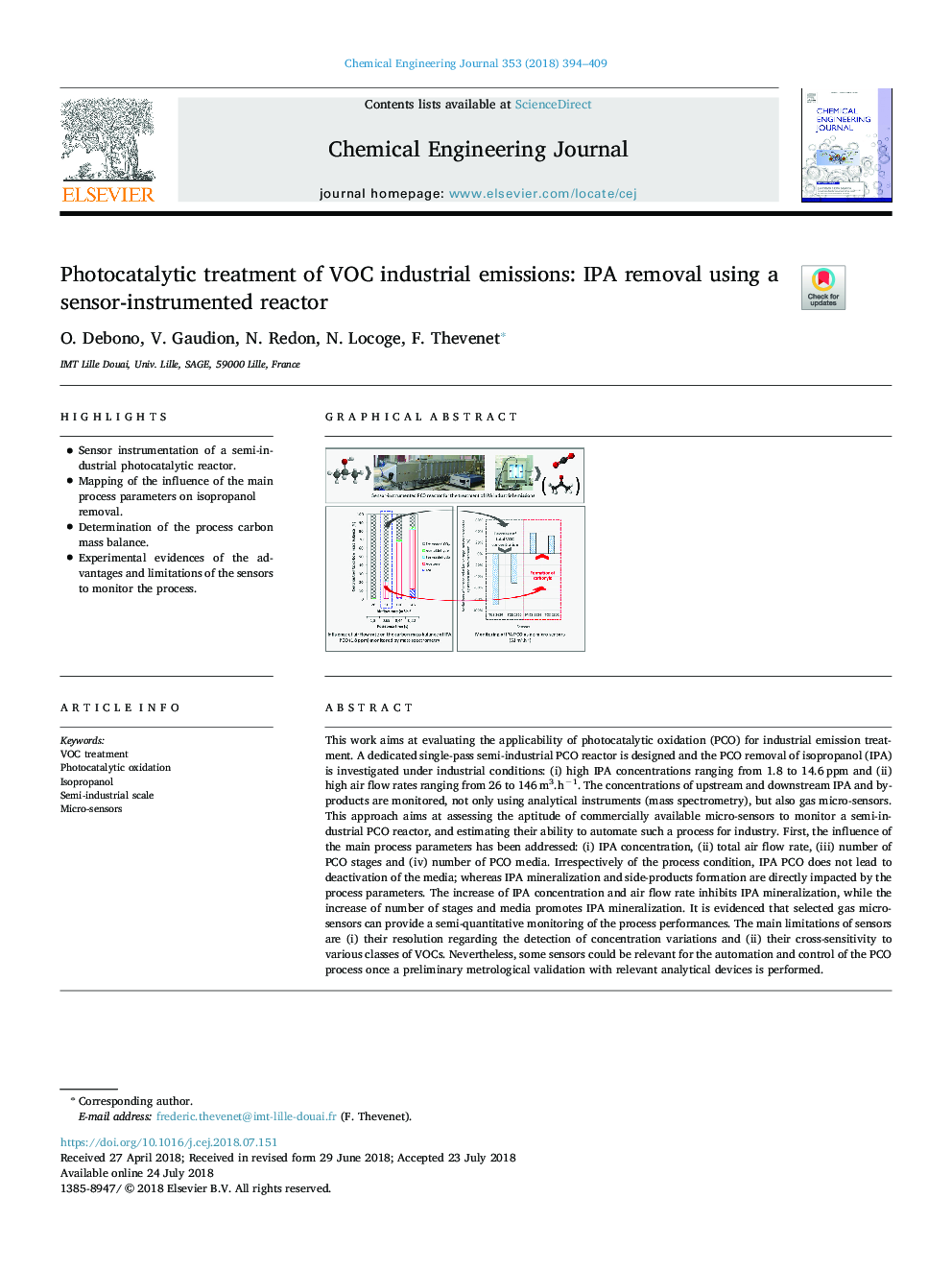 Photocatalytic treatment of VOC industrial emissions: IPA removal using a sensor-instrumented reactor