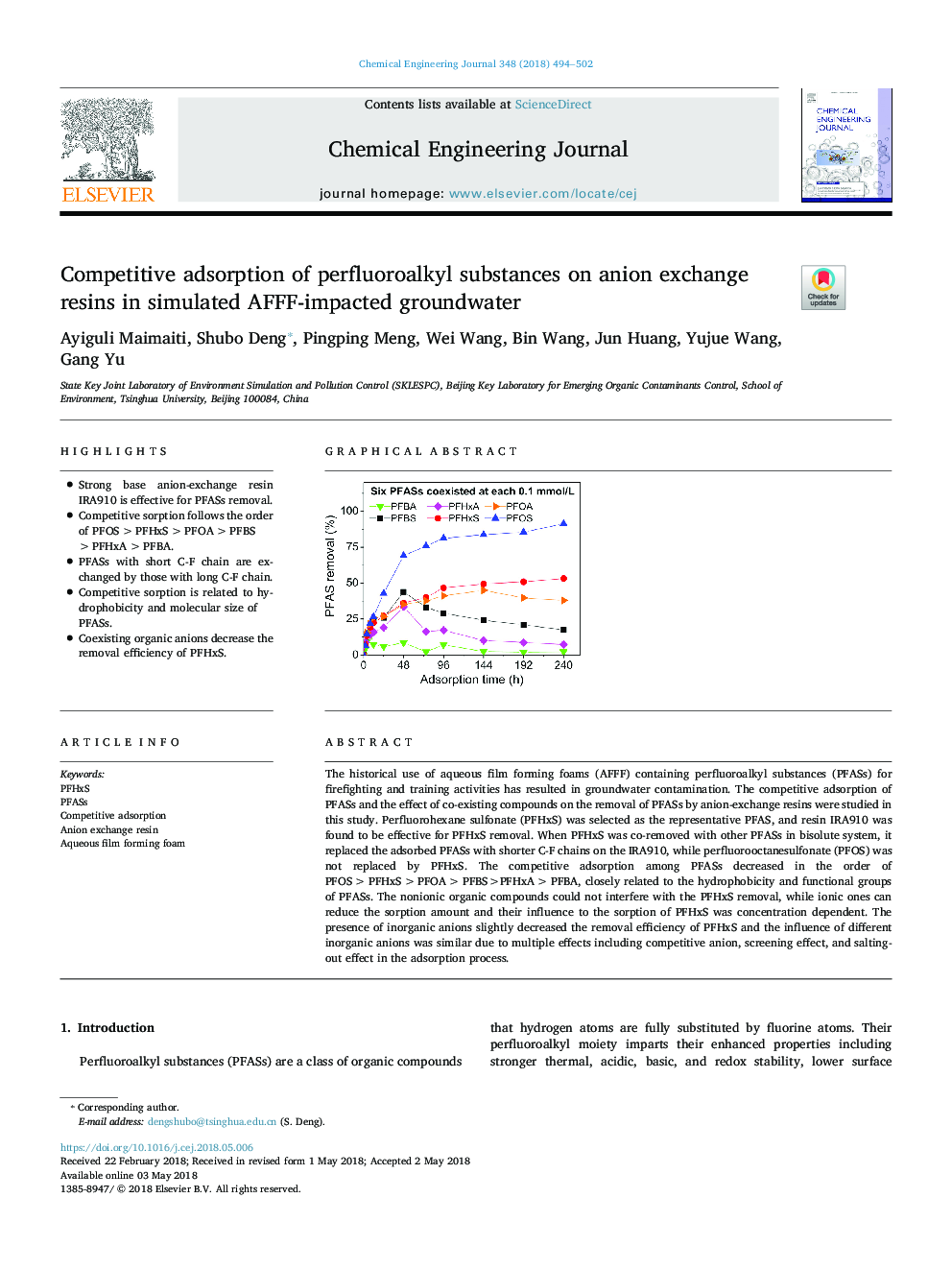 Competitive adsorption of perfluoroalkyl substances on anion exchange resins in simulated AFFF-impacted groundwater
