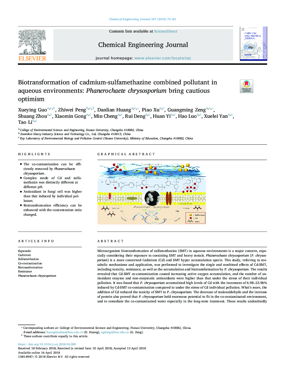 Biotransformation of cadmium-sulfamethazine combined pollutant in aqueous environments: Phanerochaete chrysosporium bring cautious optimism