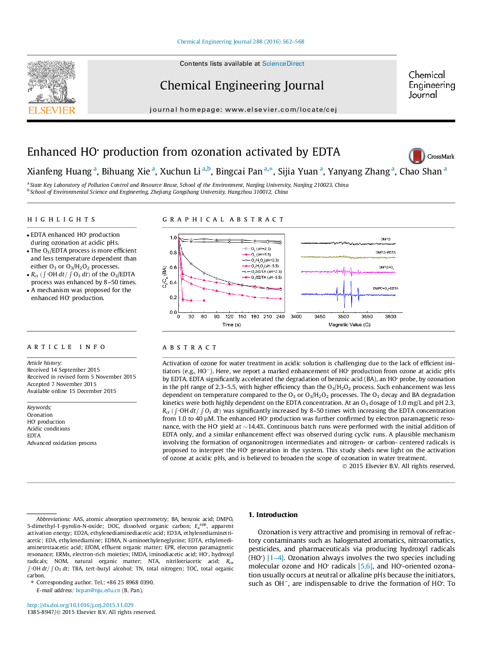 Enhanced HO production from ozonation activated by EDTA