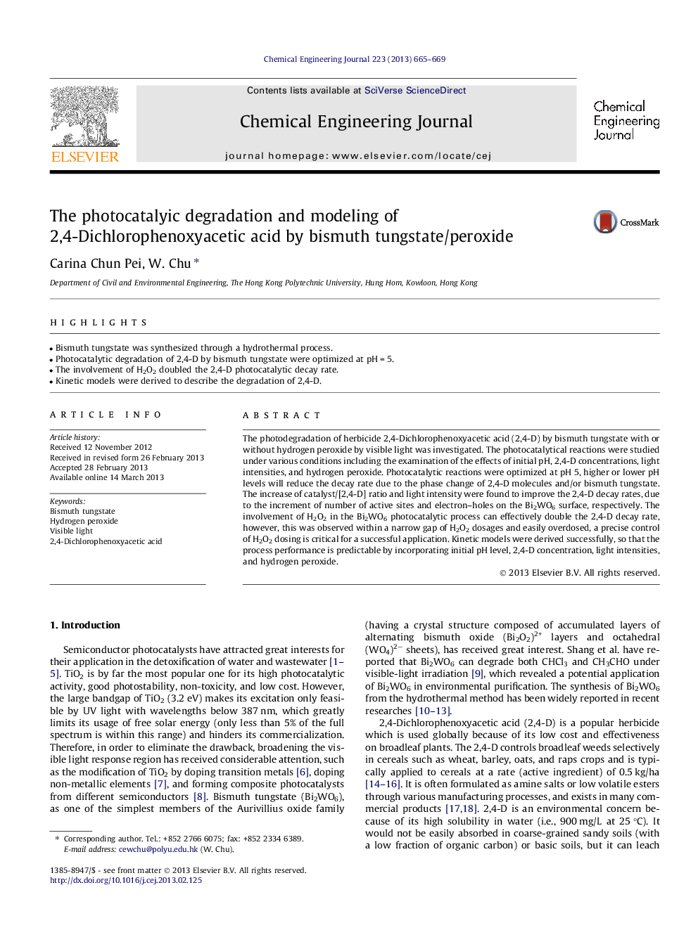 تخریب فتوکاتالی و مدلسازی اسید 2،4-دی هرولفنوکسی اسیدهای تیتانیوم با بیسموت تنگستات / پراکسید 
