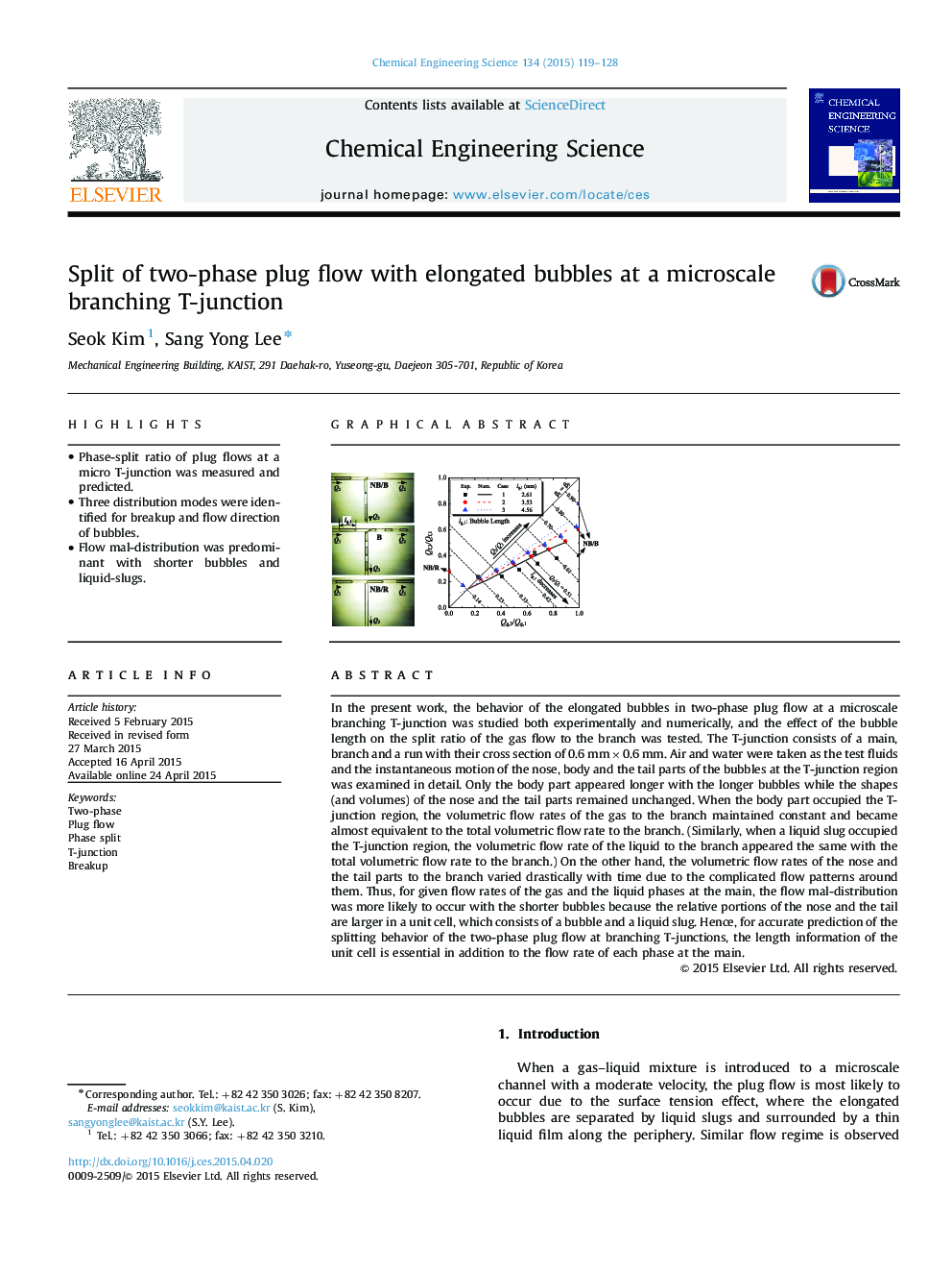 Split of two-phase plug flow with elongated bubbles at a microscale branching T-junction
