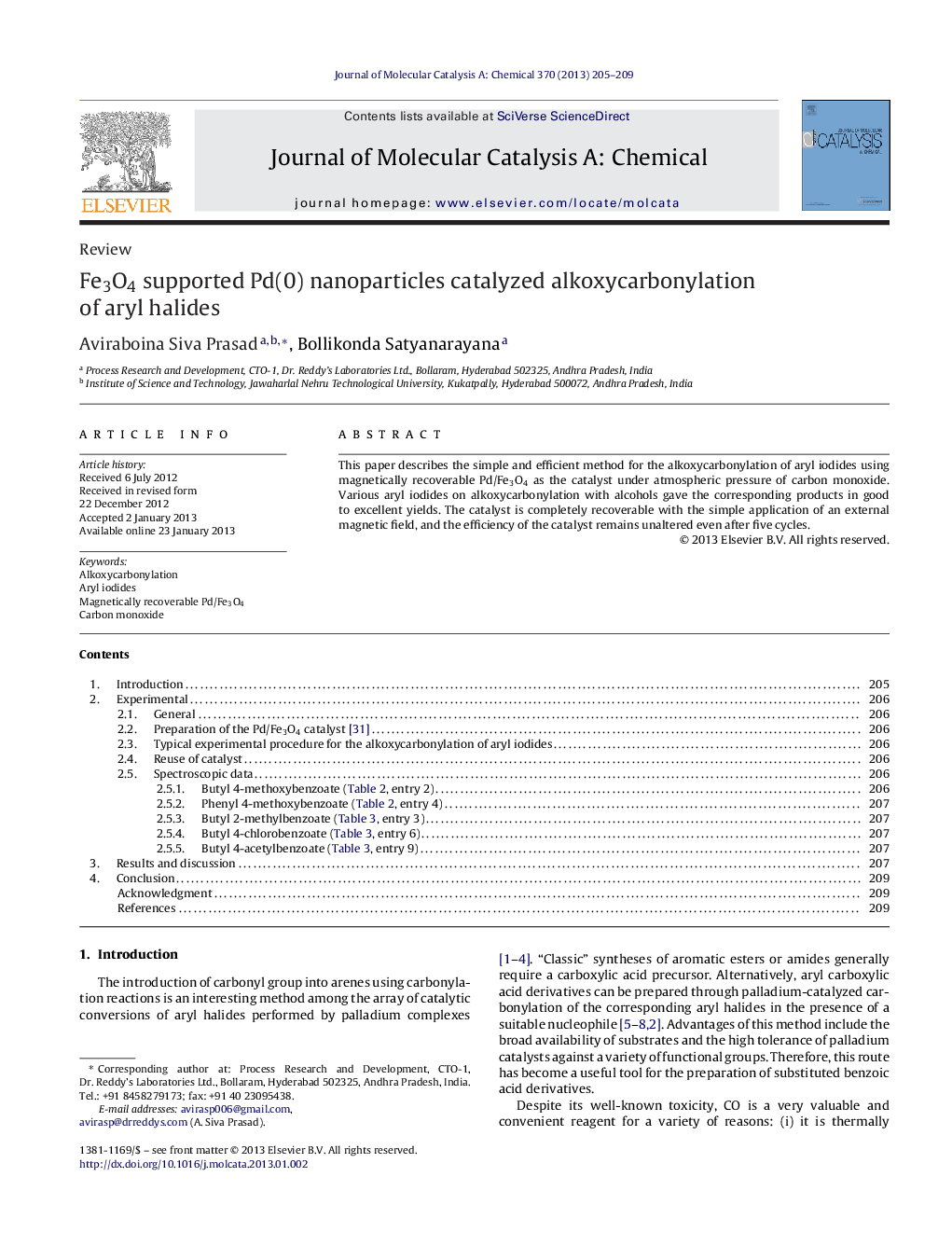 Fe3O4 supported Pd(0) nanoparticles catalyzed alkoxycarbonylation of aryl halides