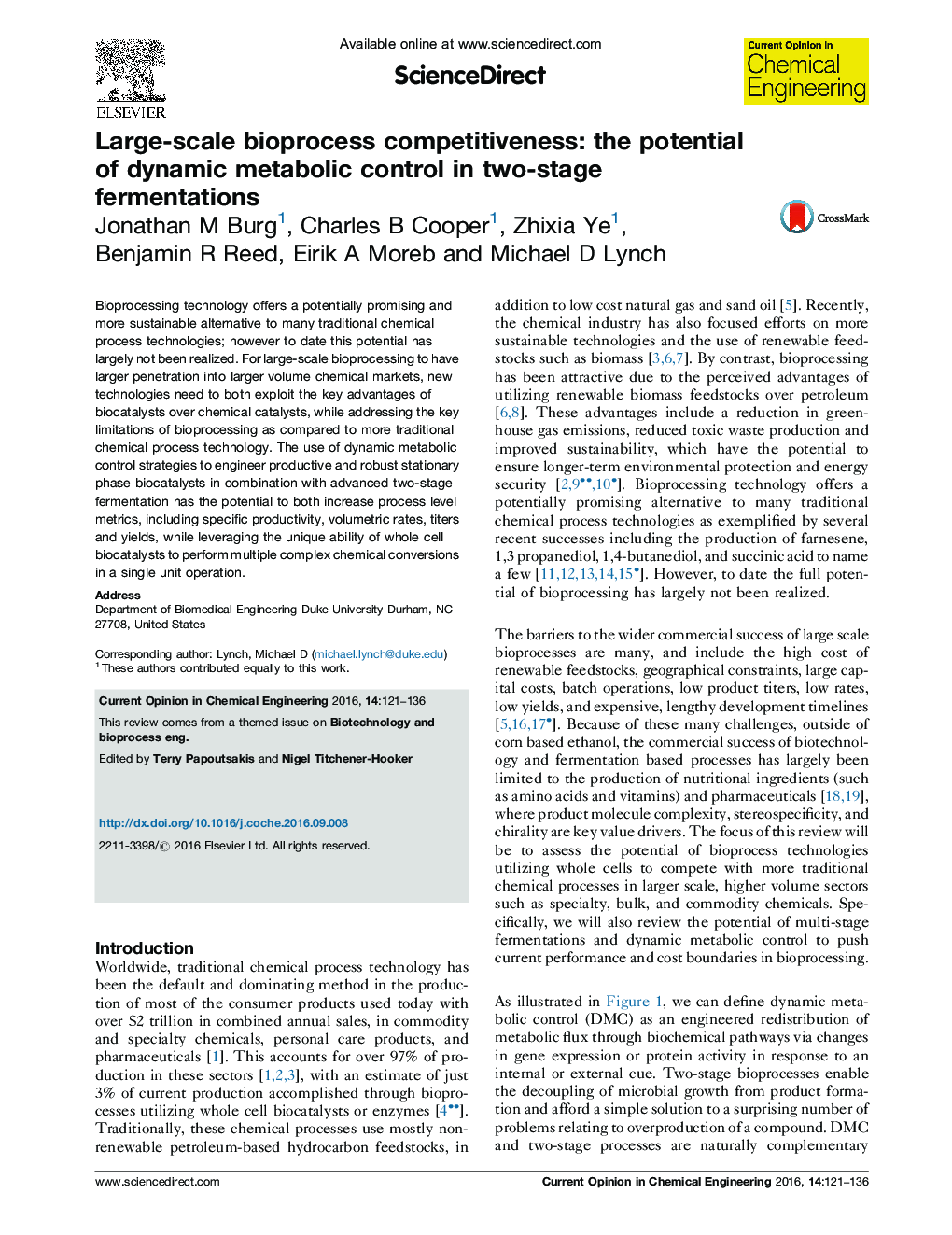رقابت پذیری بیولوژیک در مقیاس بزرگ: پتانسیل کنترل متابولیک پویا در دو مرحله تخمیر 
