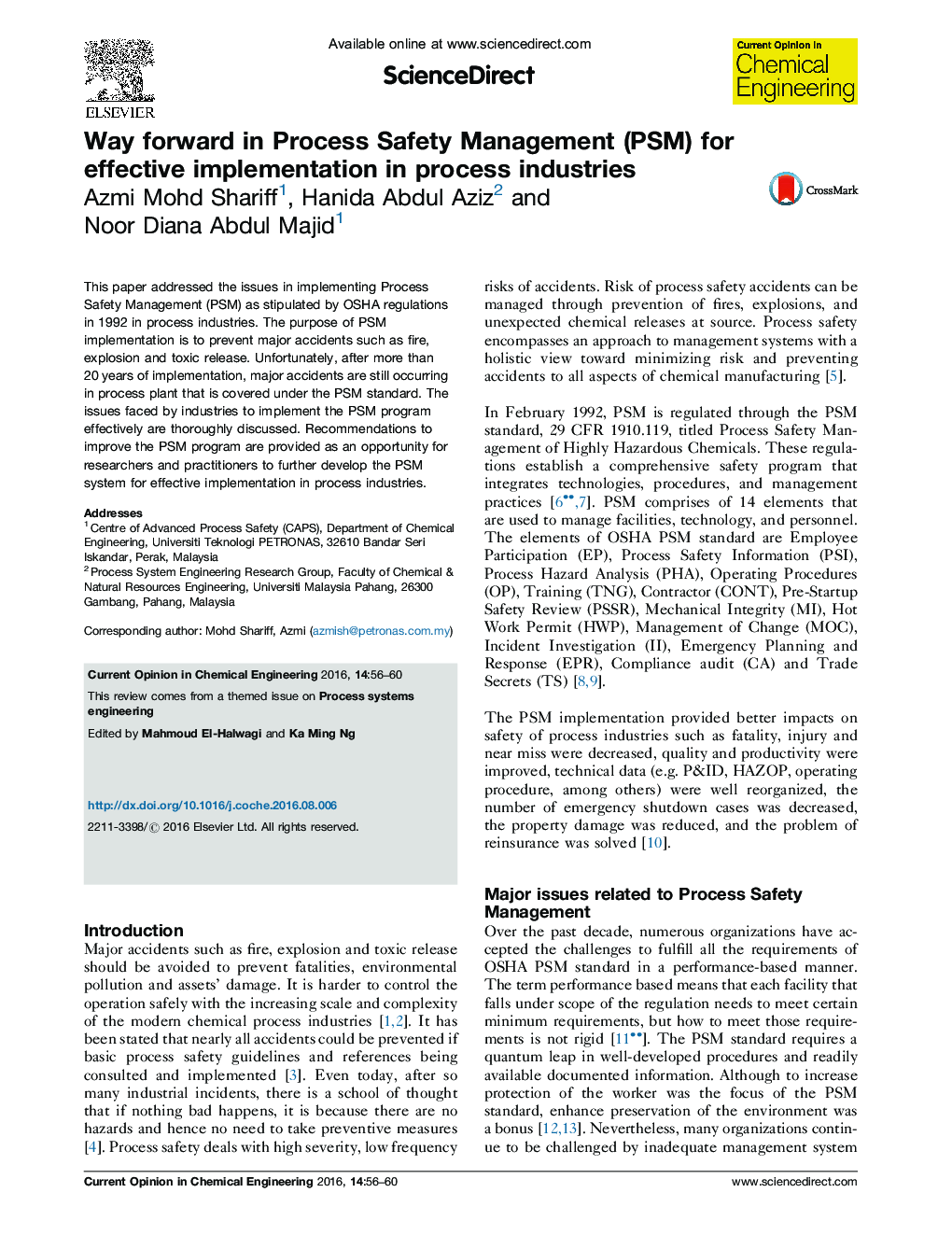 Way forward in Process Safety Management (PSM) for effective implementation in process industries