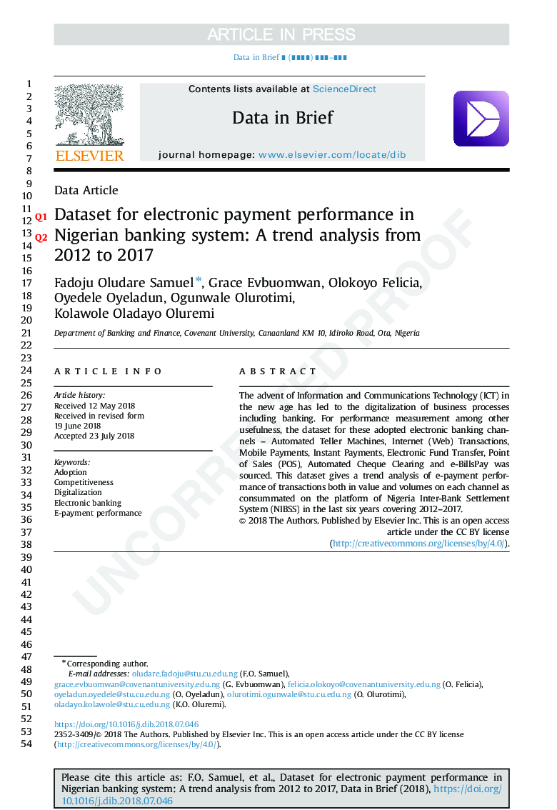 مجموعه داده برای عملکرد پرداخت الکترونیکی در سیستم بانکداری نیجریه: تحلیل روند از سال 2012 تا 2017 