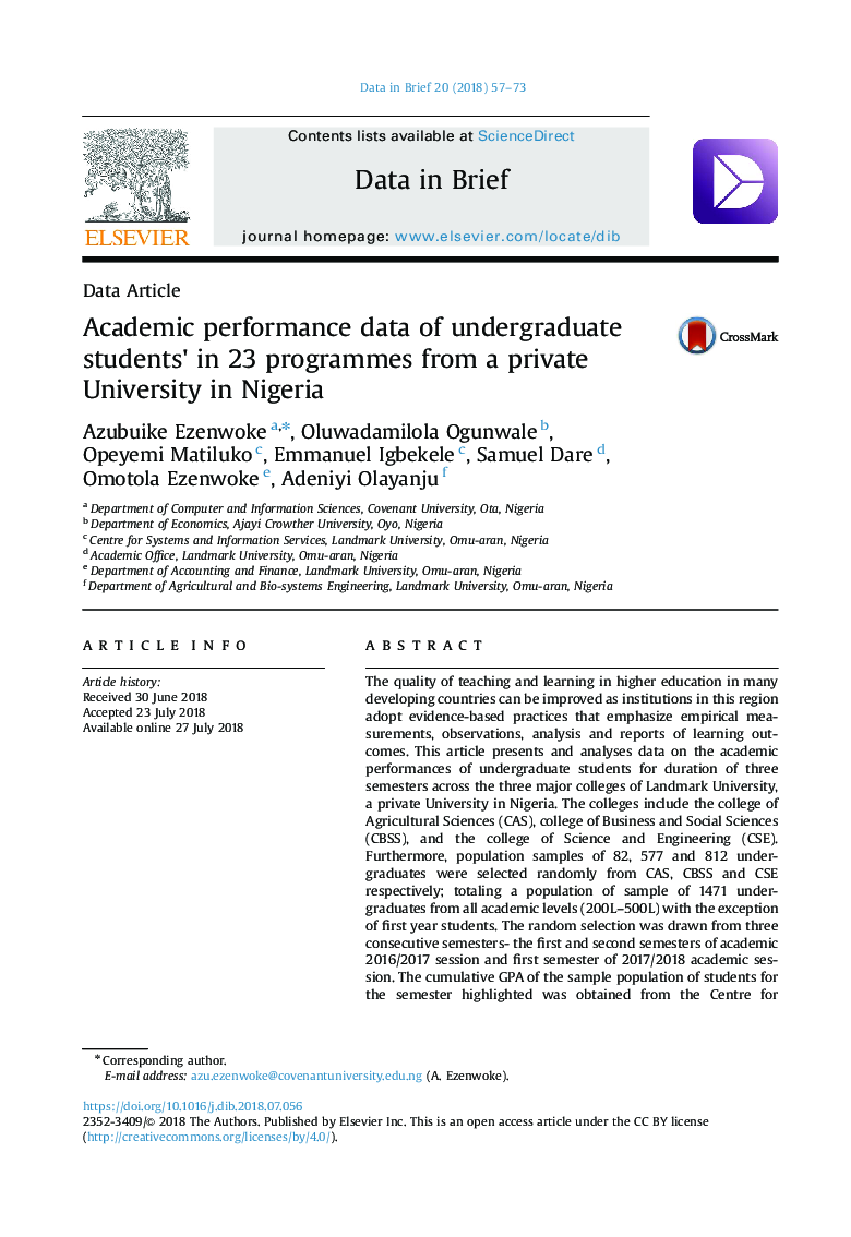 Academic performance data of undergraduate students×³ in 23 programmes from a private University in Nigeria
