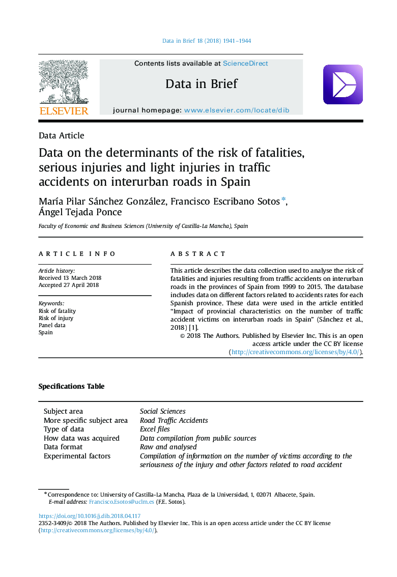داده های مربوط به عوامل تعیین کننده خطر مرگ و میر، جراحات جدی و آسیب های نور در حوادث ترافیکی در جاده های شهری در اسپانیا 