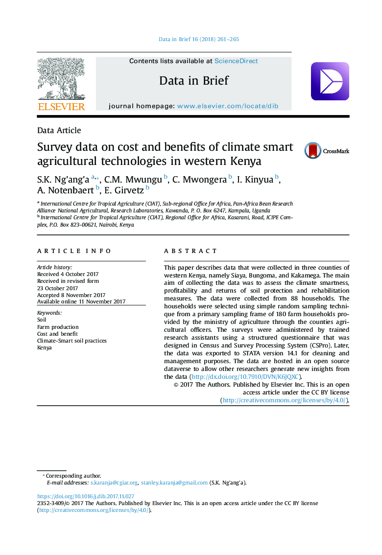 داده های ارزیابی هزینه ها و مزایای استفاده از فناوری های هوشمند کشاورزی در غرب کنیا 