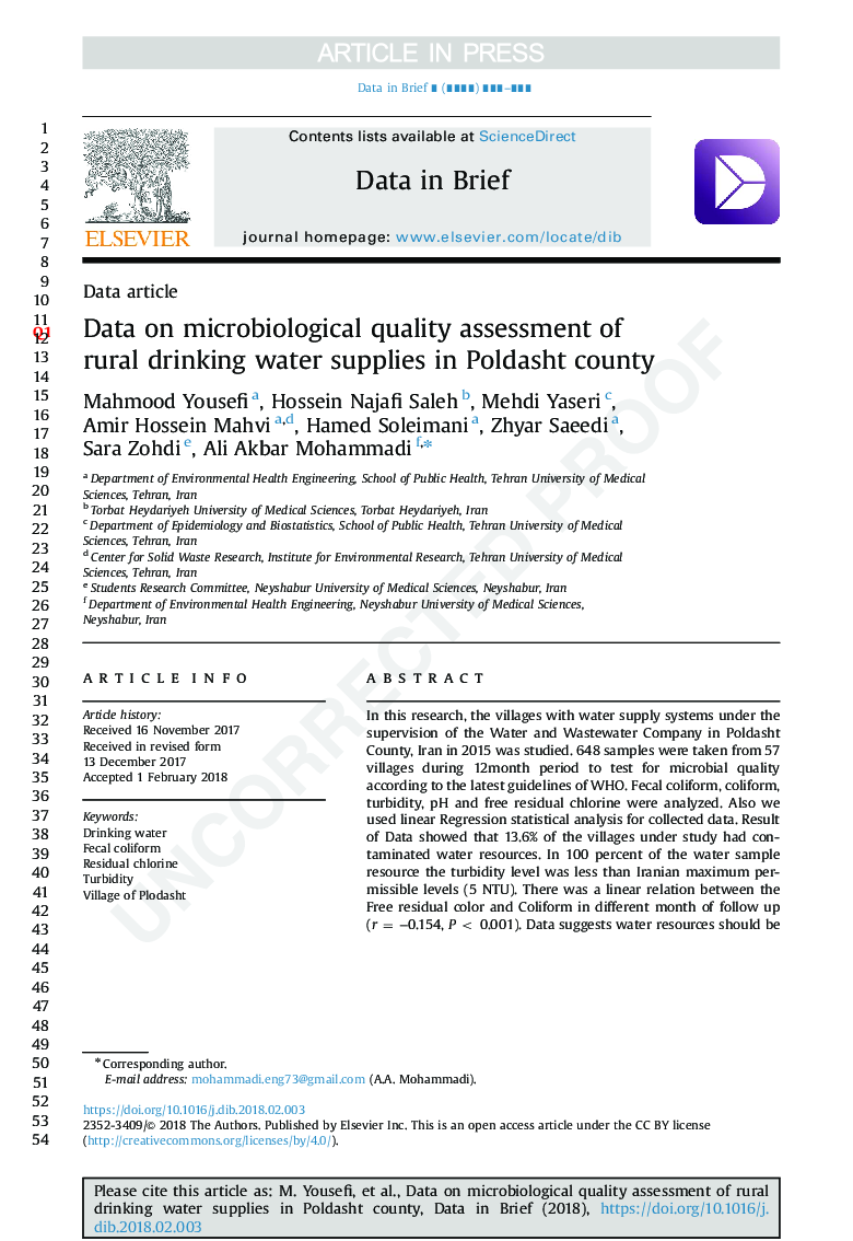 داده های ارزیابی کیفیت میکروبیولوژیکی منابع آب آشامیدنی روستایی در شهرستان پلدشت 