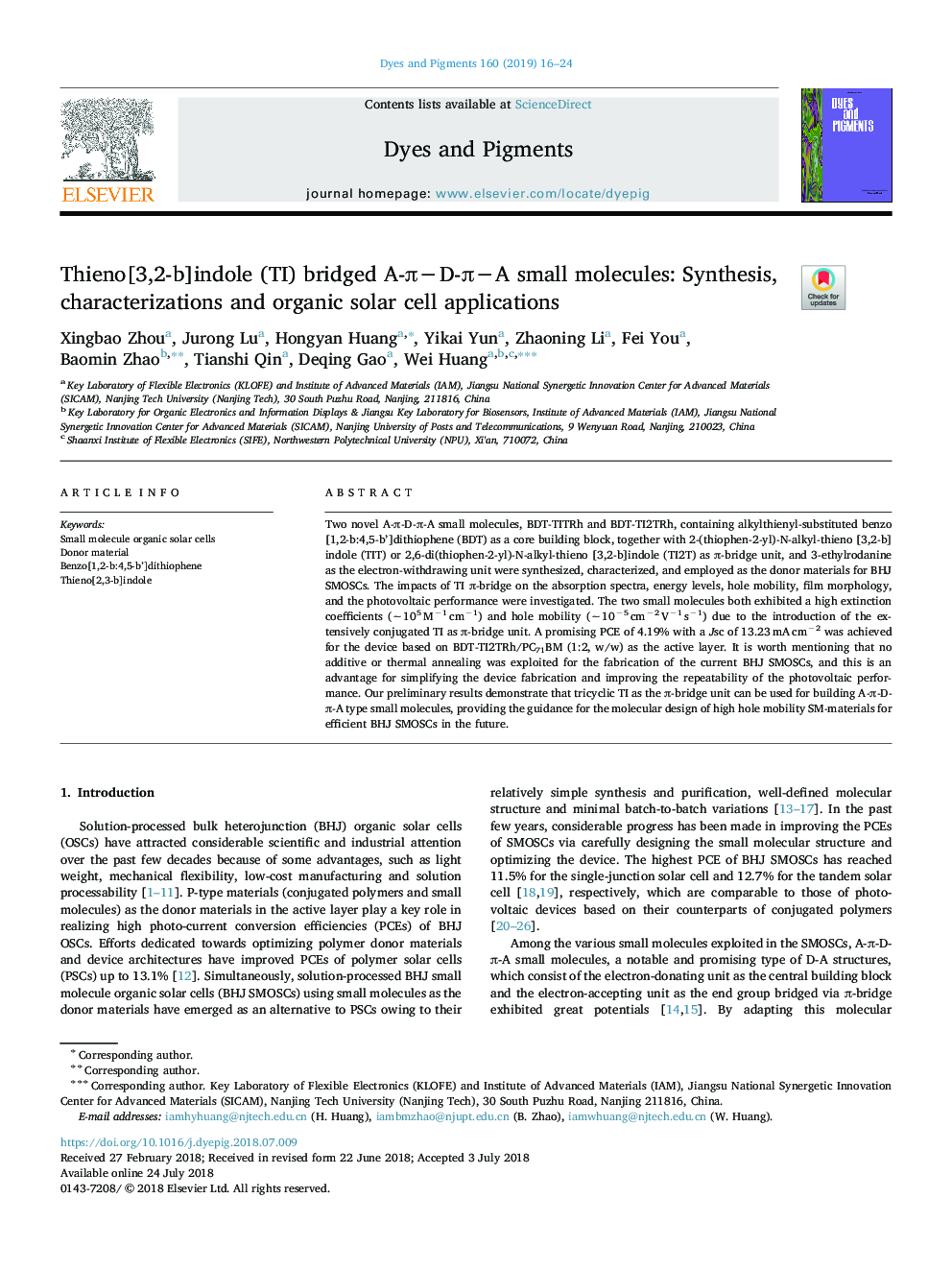 Thieno[3,2-b]indole (TI) bridged A-ÏâD-ÏâA small molecules: Synthesis, characterizations and organic solar cell applications