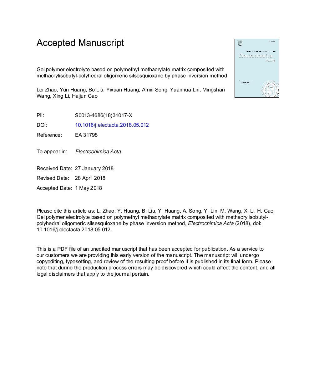Gel polymer electrolyte based on polymethyl methacrylate matrix composited with methacrylisobutyl-polyhedral oligomeric silsesquioxane by phase inversion method