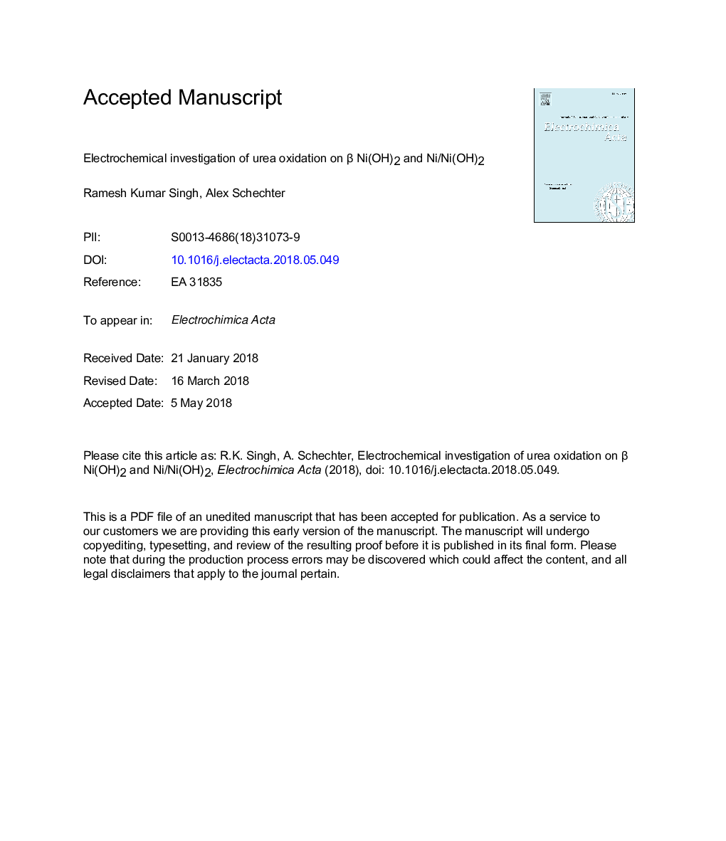 Electrochemical investigation of urea oxidation reaction on Î² Ni(OH)2 and Ni/Ni(OH)2