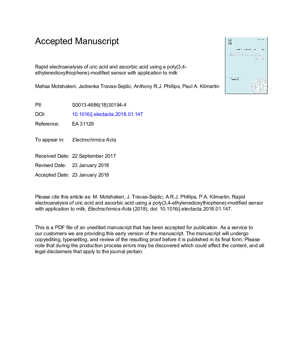 الکتروکنترلر سریع اسید اوریک و اسید آسکوربیک با استفاده از یک سنسور اصلاح پلی (3،4-اتیلن اکسید تیتیوفن) با استفاده از شیر 