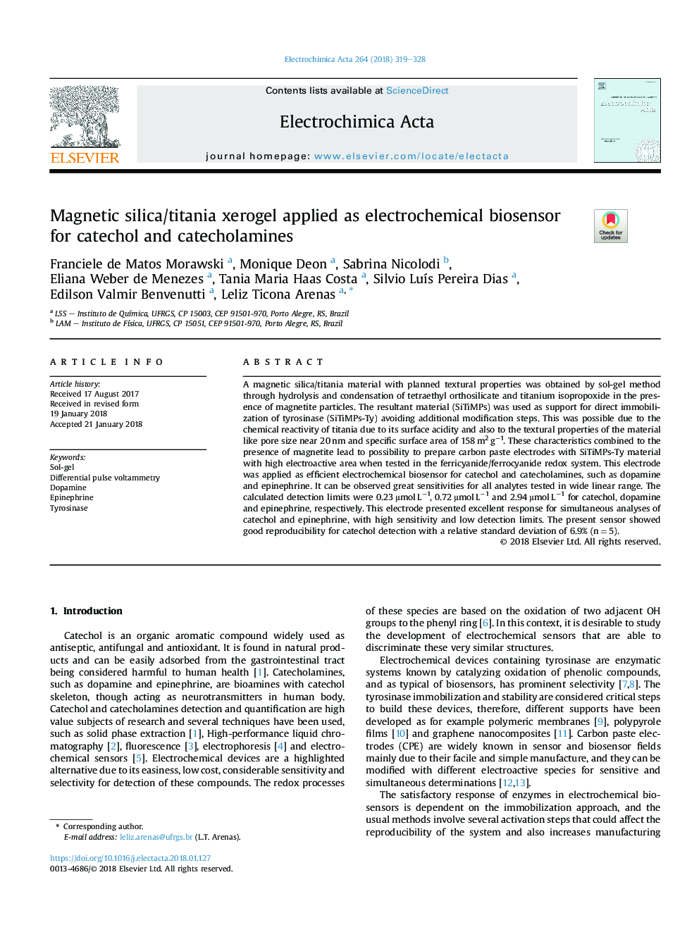 Magnetic silica/titania xerogel applied as electrochemical biosensor for catechol and catecholamines