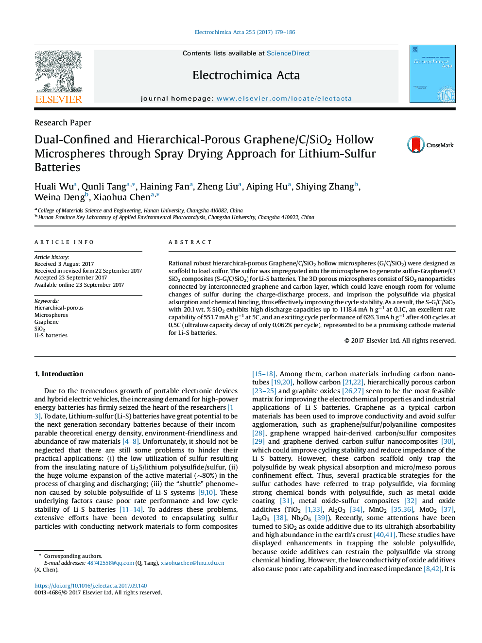 Dual-Confined and Hierarchical-Porous Graphene/C/SiO2 Hollow Microspheres through Spray Drying Approach for Lithium-Sulfur Batteries