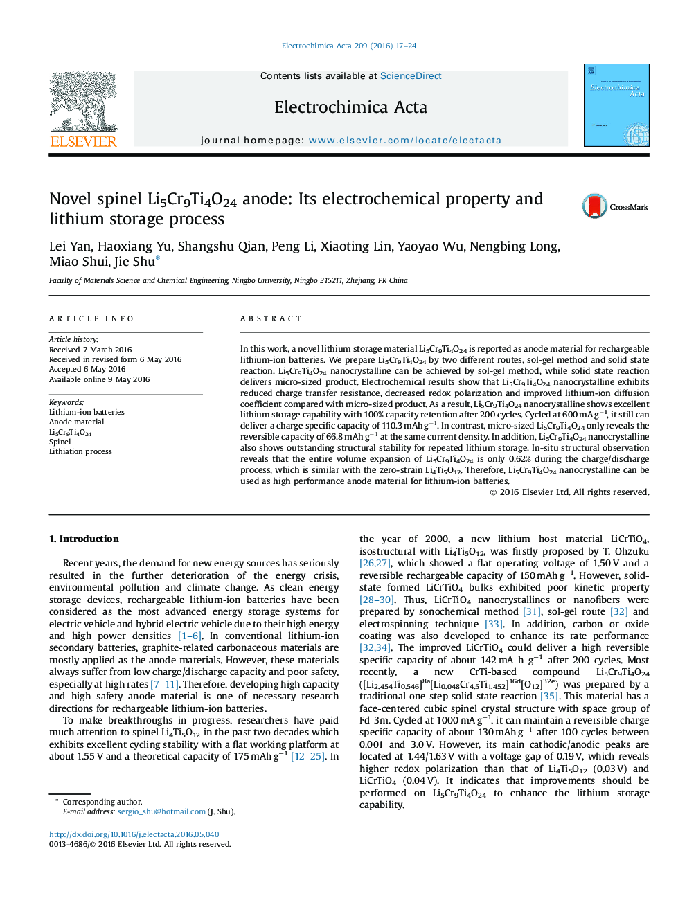 Novel spinel Li5Cr9Ti4O24 anode: Its electrochemical property and lithium storage process