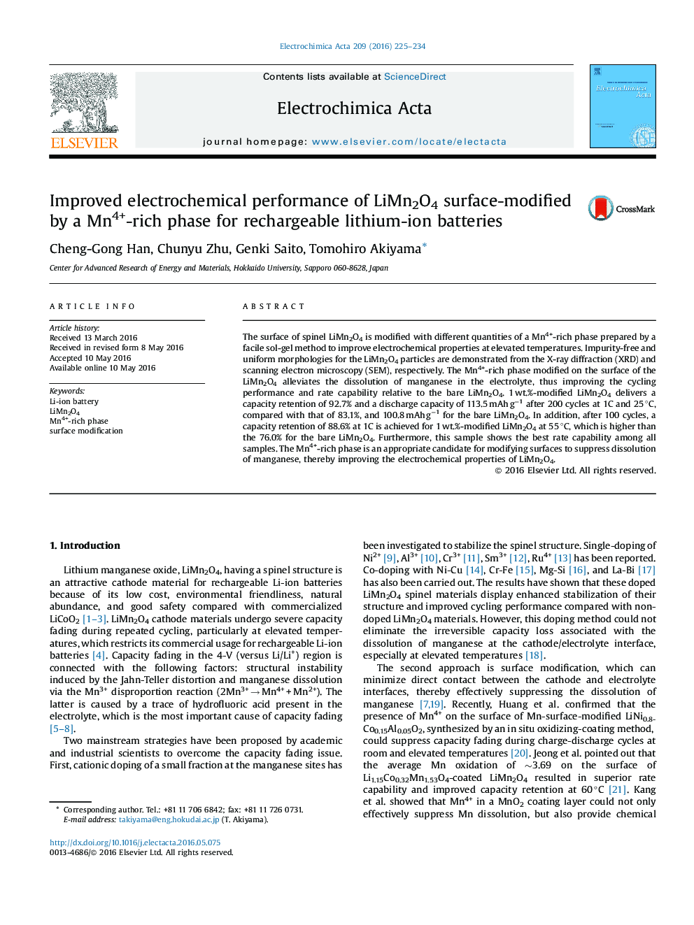 Improved electrochemical performance of LiMn2O4 surface-modified by a Mn4+-rich phase for rechargeable lithium-ion batteries