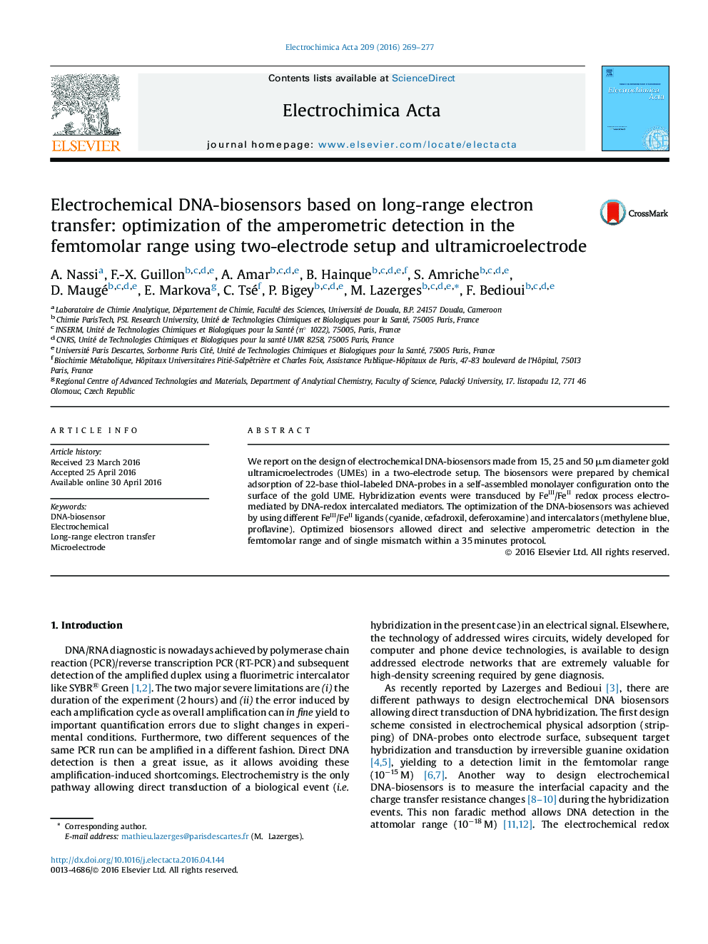 Electrochemical DNA-biosensors based on long-range electron transfer: optimization of the amperometric detection in the femtomolar range using two-electrode setup and ultramicroelectrode