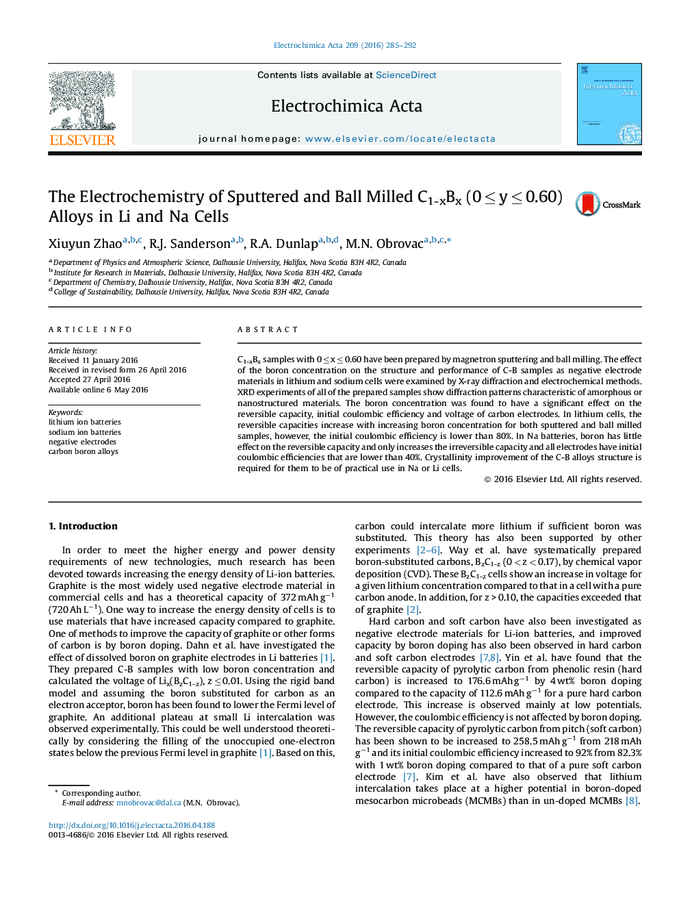 The Electrochemistry of Sputtered and Ball Milled C1-xBx (0Â â¤Â yÂ â¤Â 0.60) Alloys in Li and Na Cells