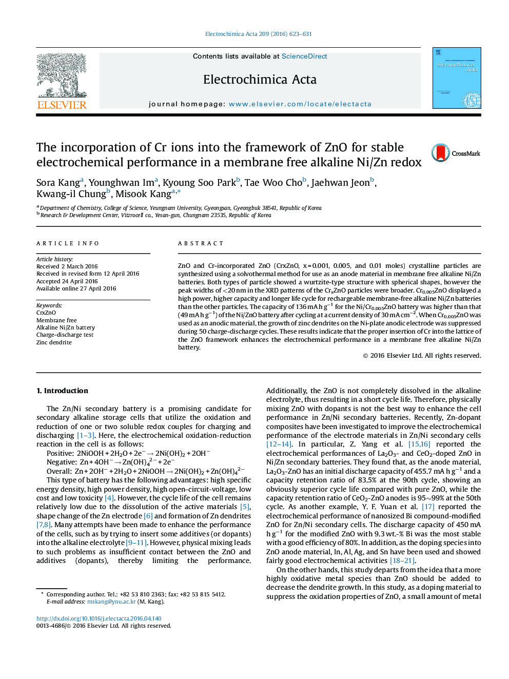 The incorporation of Cr ions into the framework of ZnO for stable electrochemical performance in a membrane free alkaline Ni/Zn redox