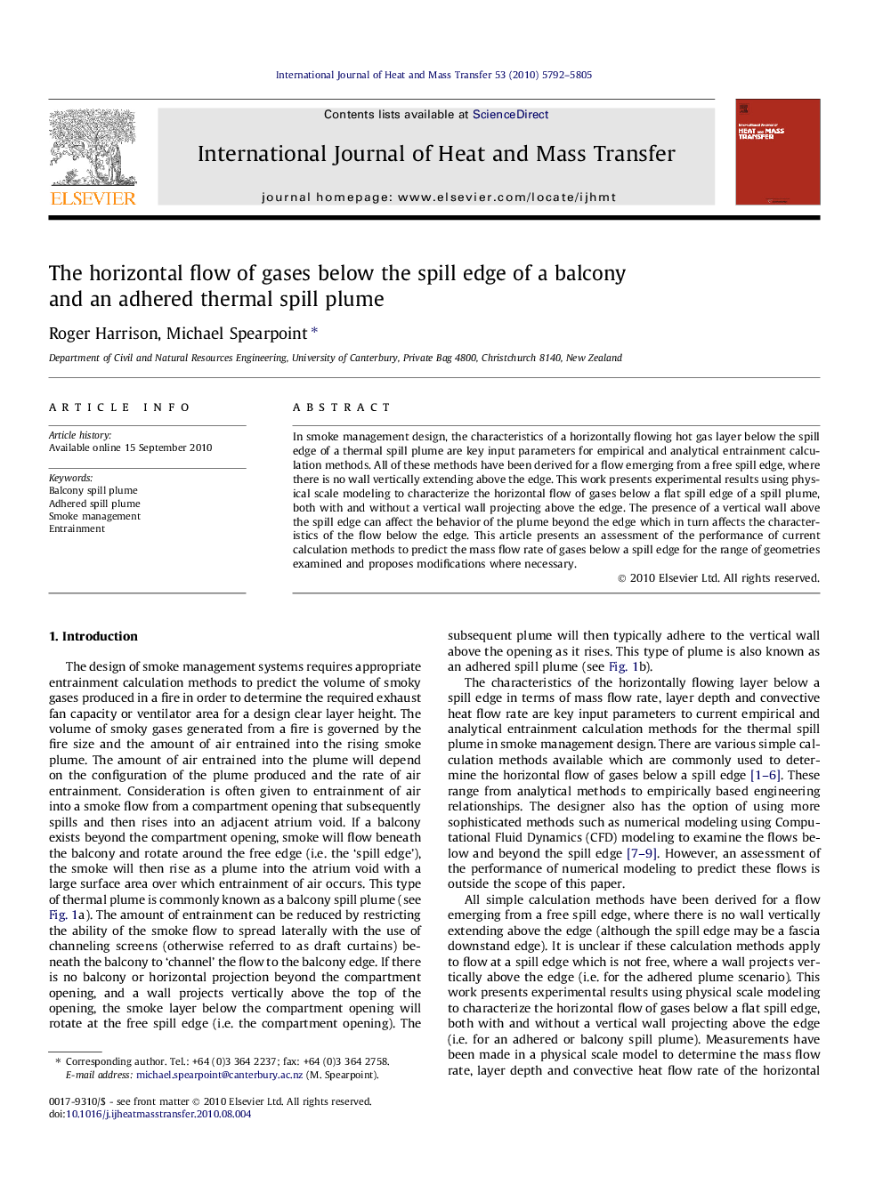 The horizontal flow of gases below the spill edge of a balcony and an adhered thermal spill plume