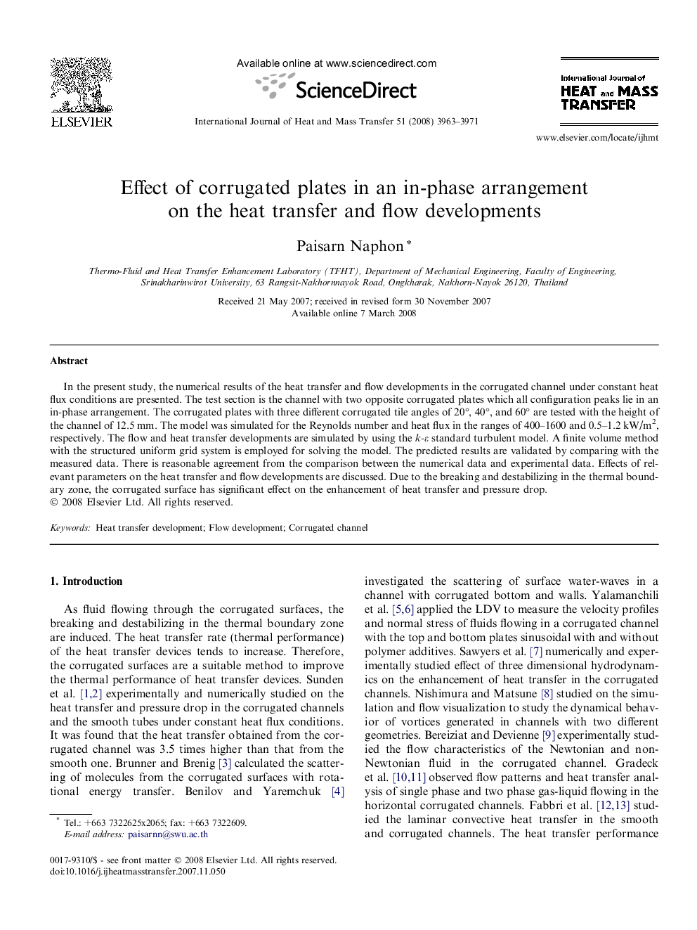 Effect of corrugated plates in an in-phase arrangement on the heat transfer and flow developments