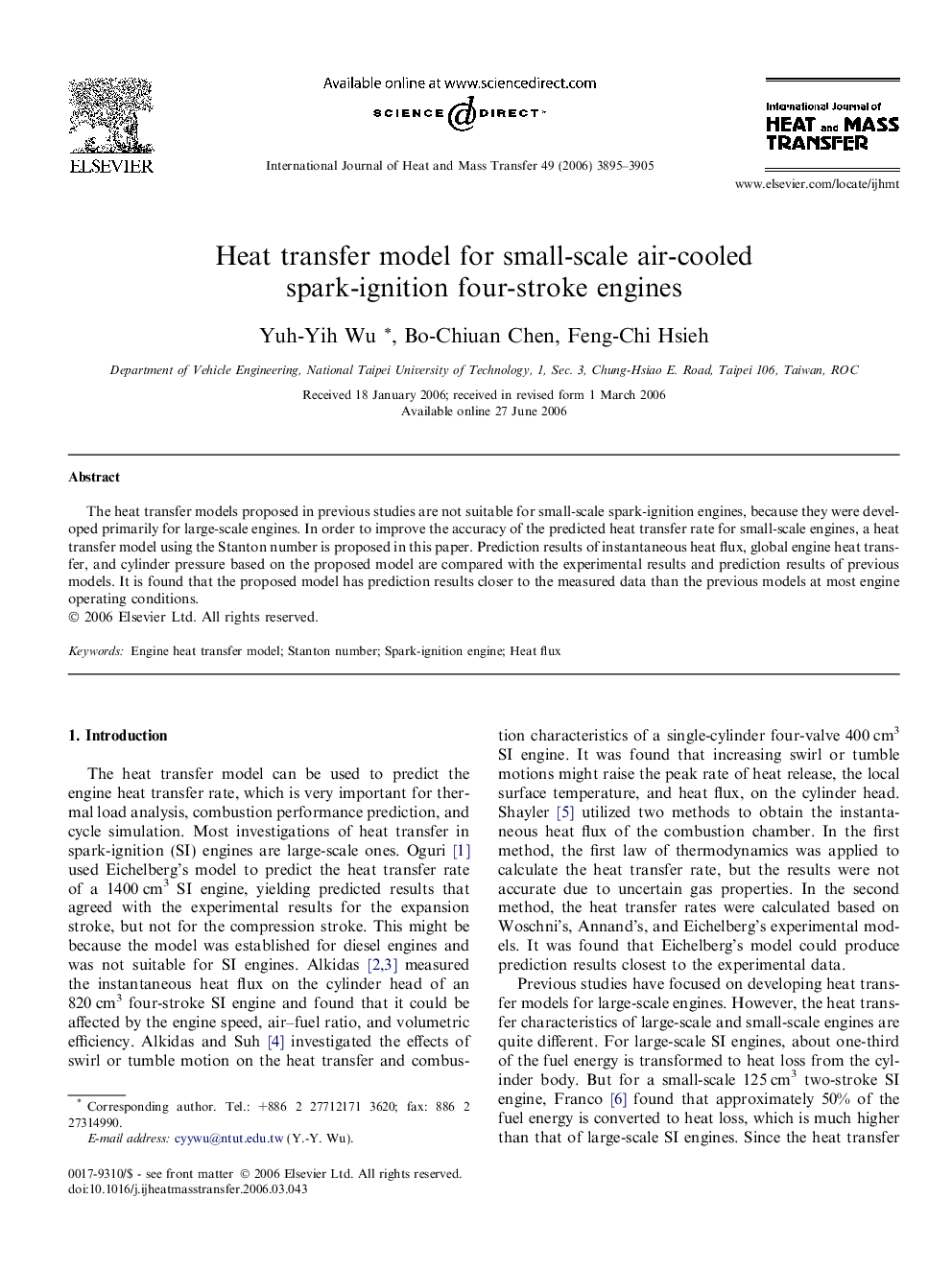 Heat transfer model for small-scale air-cooled spark-ignition four-stroke engines