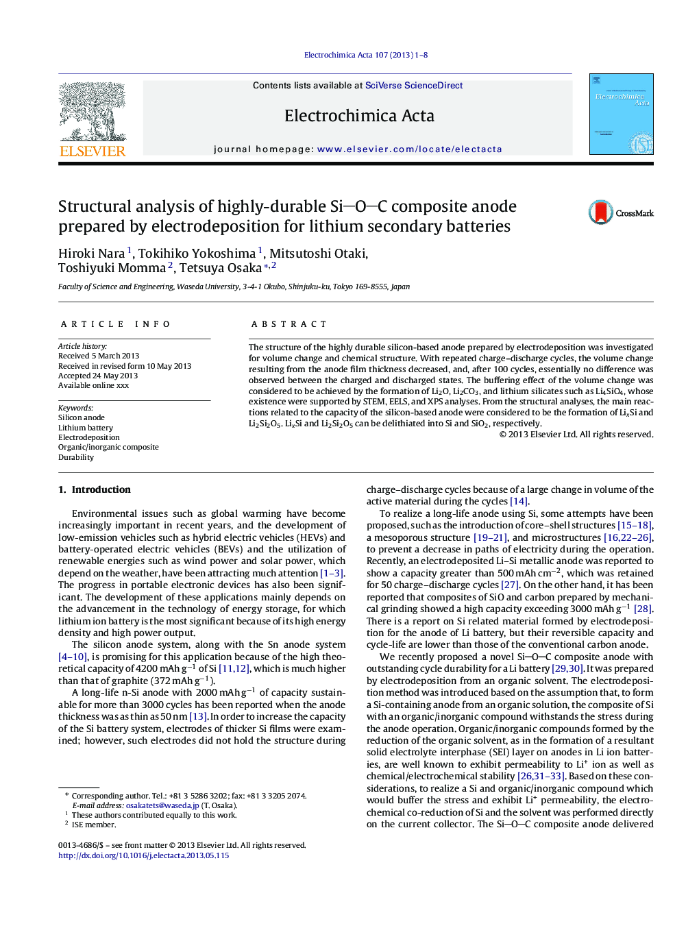 Structural analysis of highly-durable SiOC composite anode prepared by electrodeposition for lithium secondary batteries