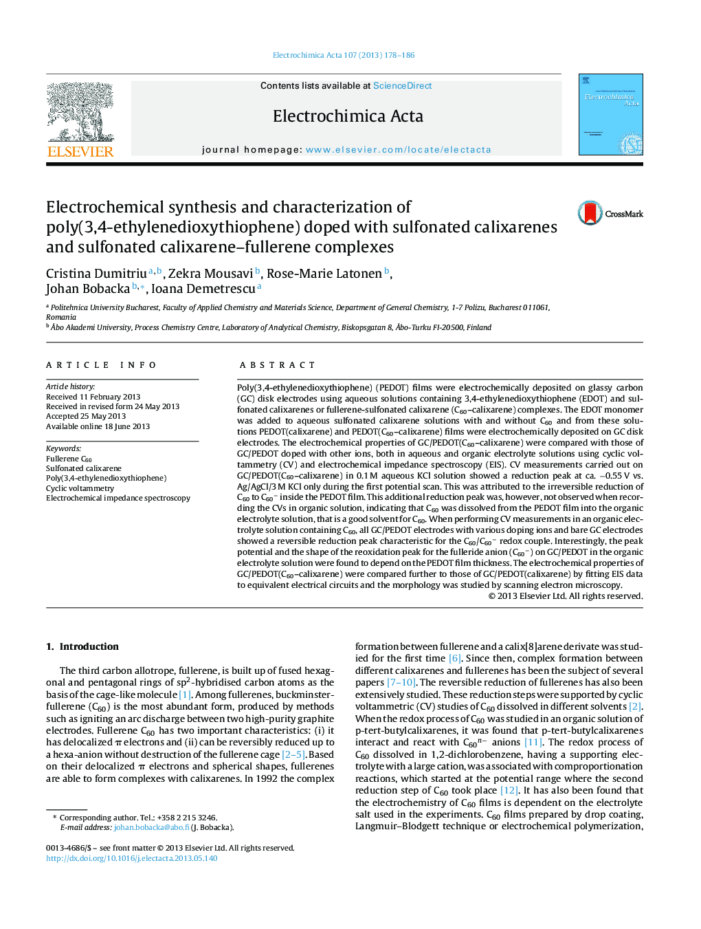 Electrochemical synthesis and characterization of poly(3,4-ethylenedioxythiophene) doped with sulfonated calixarenes and sulfonated calixarene-fullerene complexes