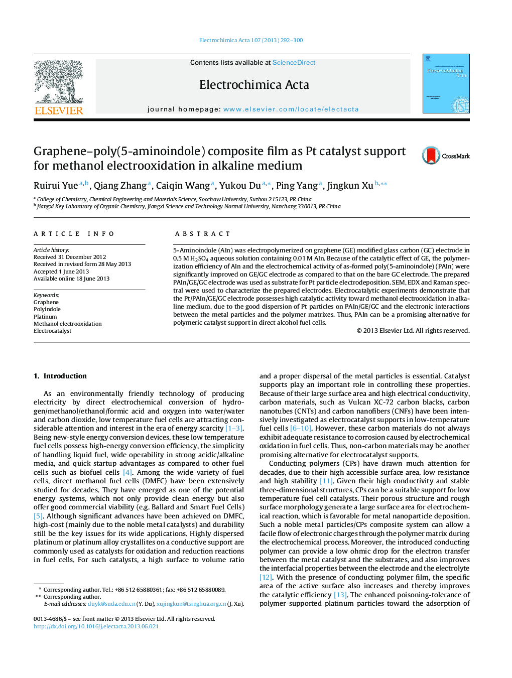 Graphene-poly(5-aminoindole) composite film as Pt catalyst support for methanol electrooxidation in alkaline medium