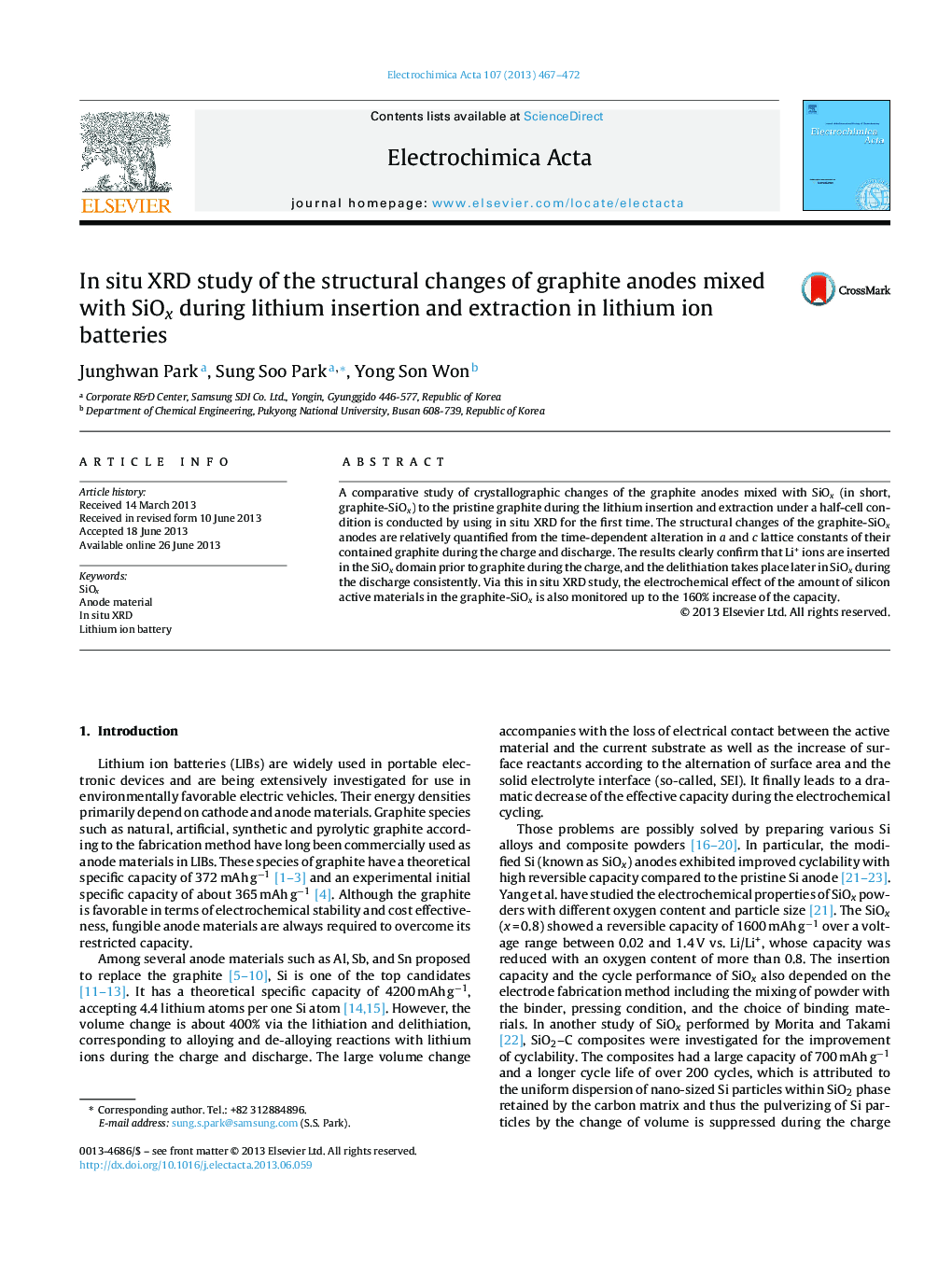 In situ XRD study of the structural changes of graphite anodes mixed with SiOx during lithium insertion and extraction in lithium ion batteries