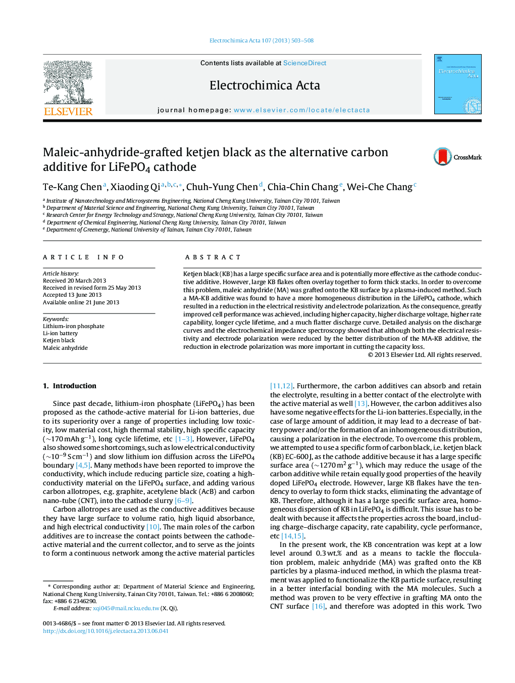 Maleic-anhydride-grafted ketjen black as the alternative carbon additive for LiFePO4 cathode