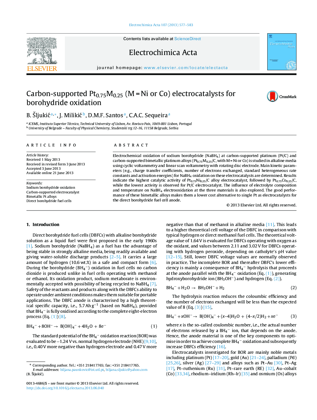 Carbon-supported Pt0.75M0.25 (MÂ =Â Ni or Co) electrocatalysts for borohydride oxidation