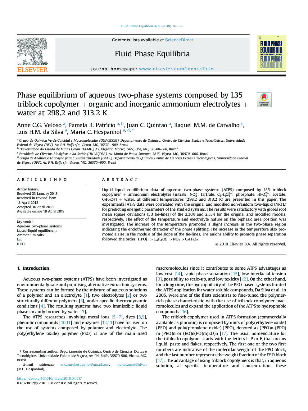 Phase equilibrium of aqueous two-phase systems composed by L35 triblock copolymerÂ + organic and inorganic ammonium electrolytesÂ + water at 298.2 and 313.2Â K