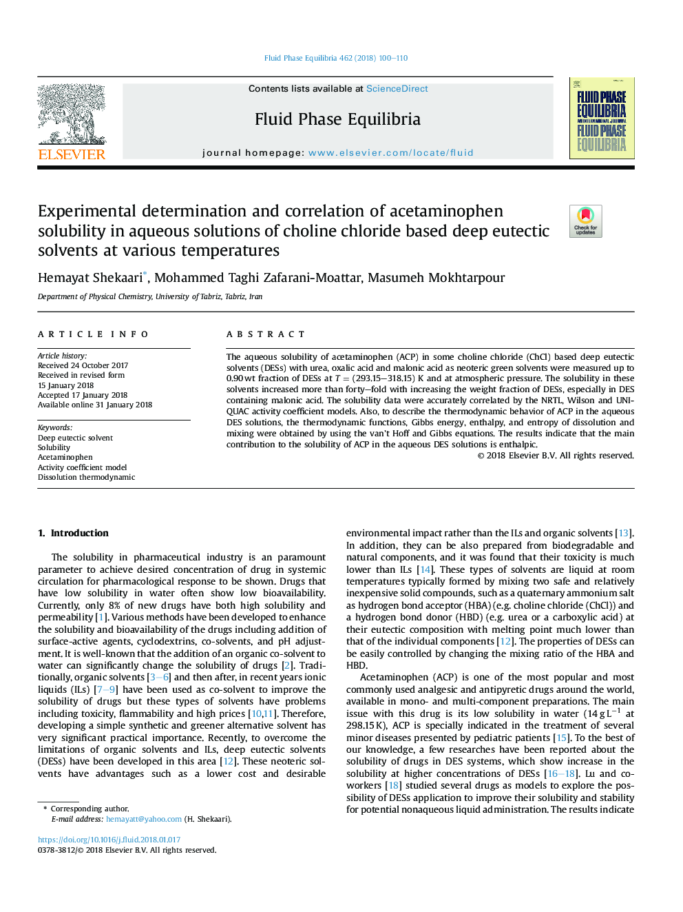 تعیین تجربی و همبستگی حلالیت استامینوفن در محلول های آبی حلال های ائوتستیک عمیق بر اساس کولین کلرید در دماهای مختلف 