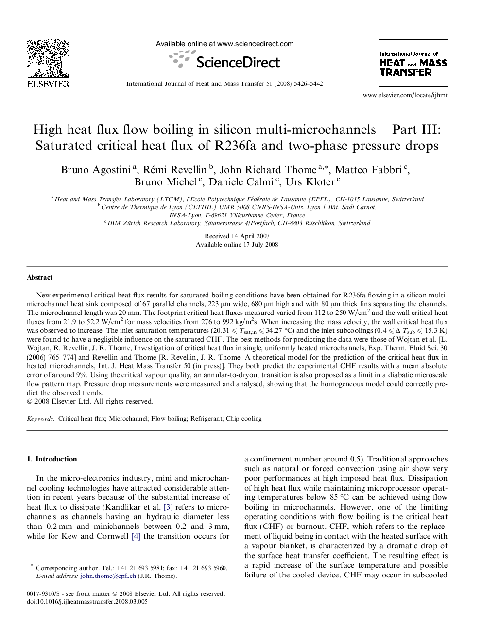 High heat flux flow boiling in silicon multi-microchannels – Part III: Saturated critical heat flux of R236fa and two-phase pressure drops