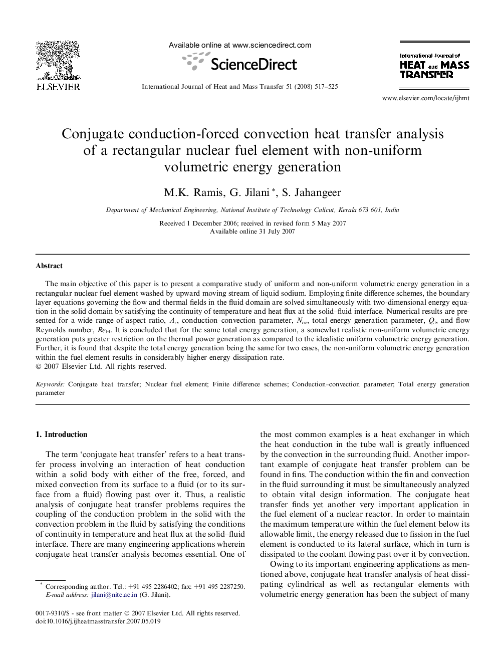 Conjugate conduction-forced convection heat transfer analysis of a rectangular nuclear fuel element with non-uniform volumetric energy generation