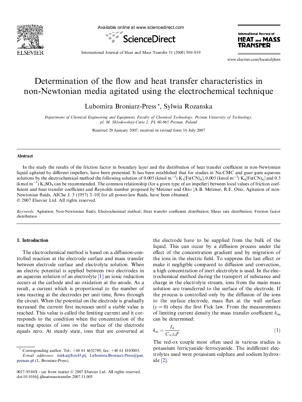 Determination of the flow and heat transfer characteristics in non-Newtonian media agitated using the electrochemical technique