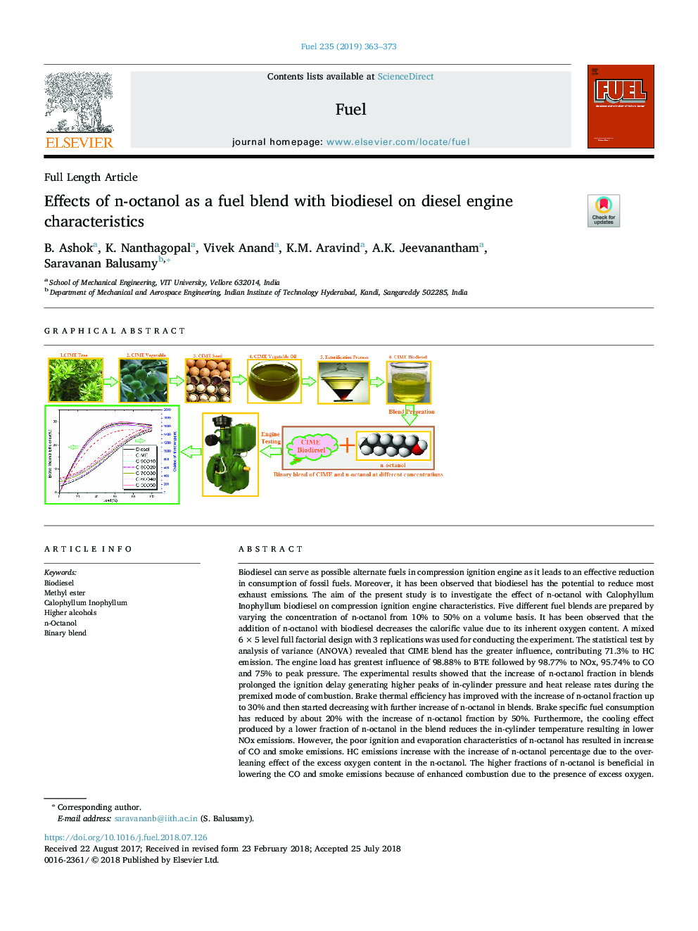 Effects of n-octanol as a fuel blend with biodiesel on diesel engine characteristics