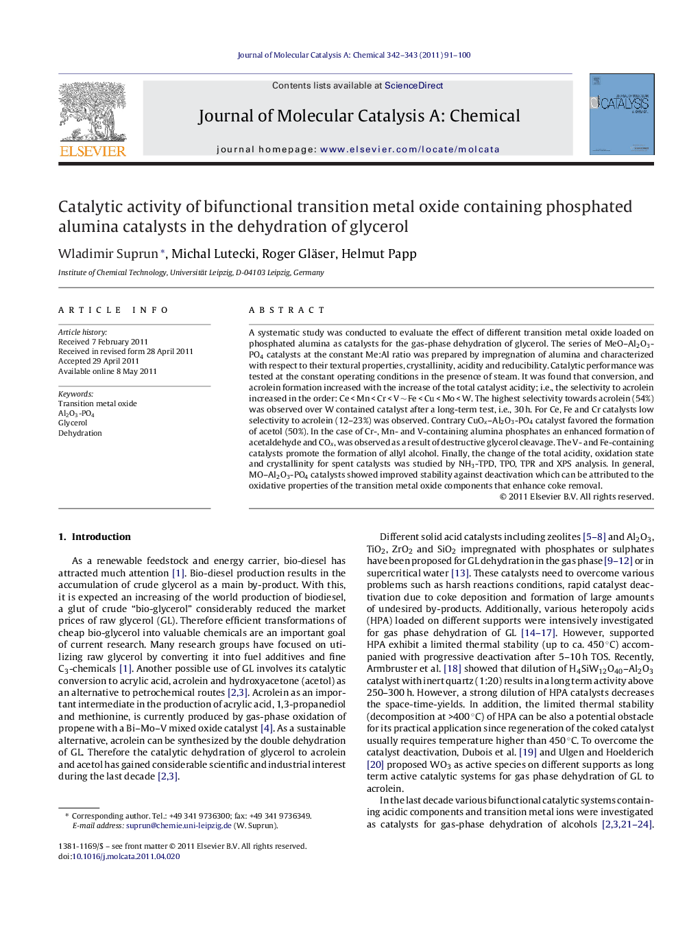 Catalytic activity of bifunctional transition metal oxide containing phosphated alumina catalysts in the dehydration of glycerol