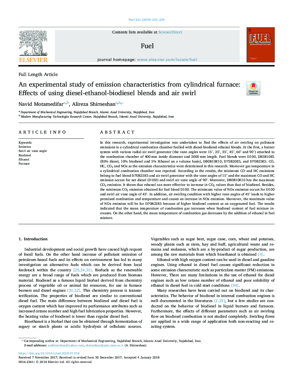 بررسی تجربی از ویژگی های انتشار از کوره استوانه ای: اثرات استفاده از مخلوط دیزل-اتانول-بیودیزل و چرخش هوا 