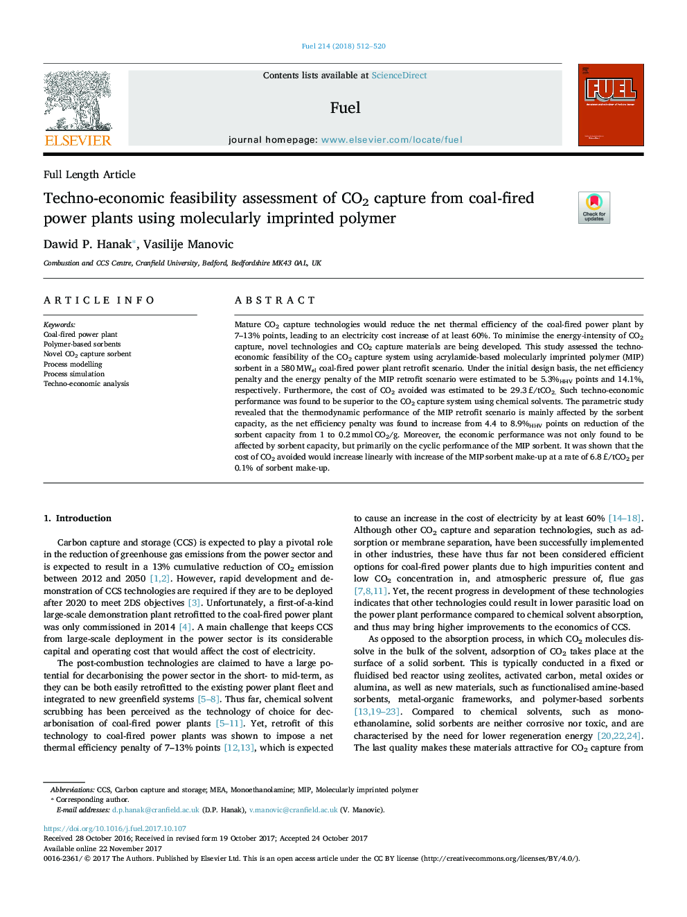 Techno-economic feasibility assessment of CO2 capture from coal-fired power plants using molecularly imprinted polymer