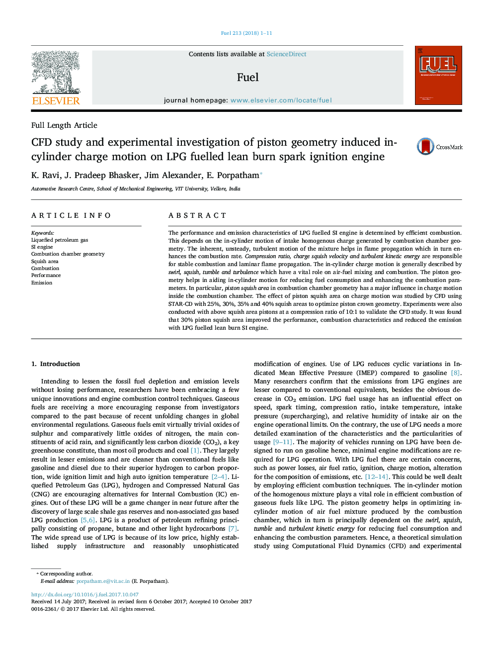 CFD study and experimental investigation of piston geometry induced in-cylinder charge motion on LPG fuelled lean burn spark ignition engine