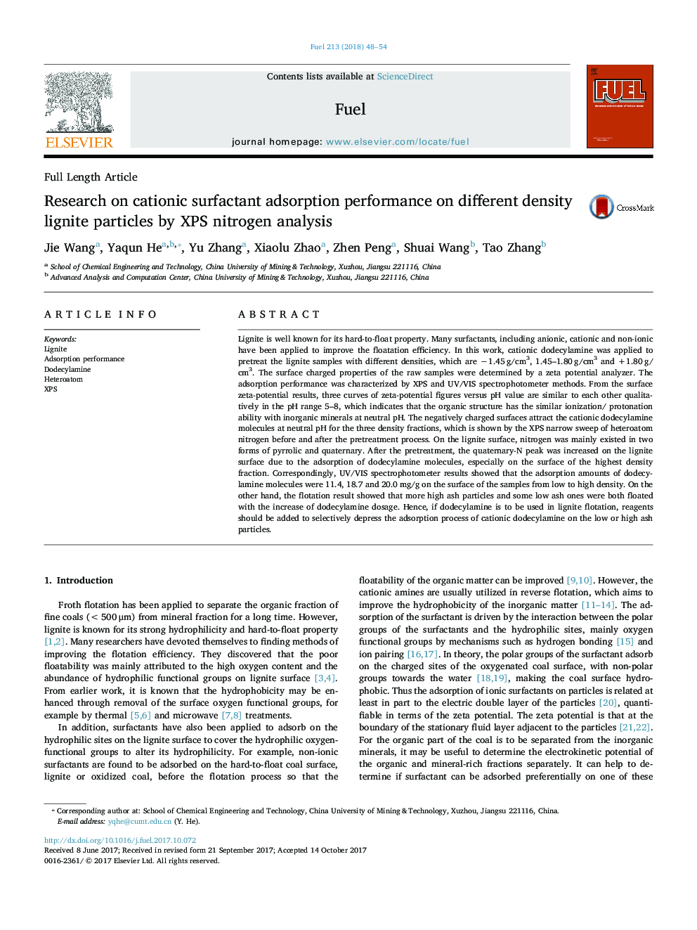 Research on cationic surfactant adsorption performance on different density lignite particles by XPS nitrogen analysis