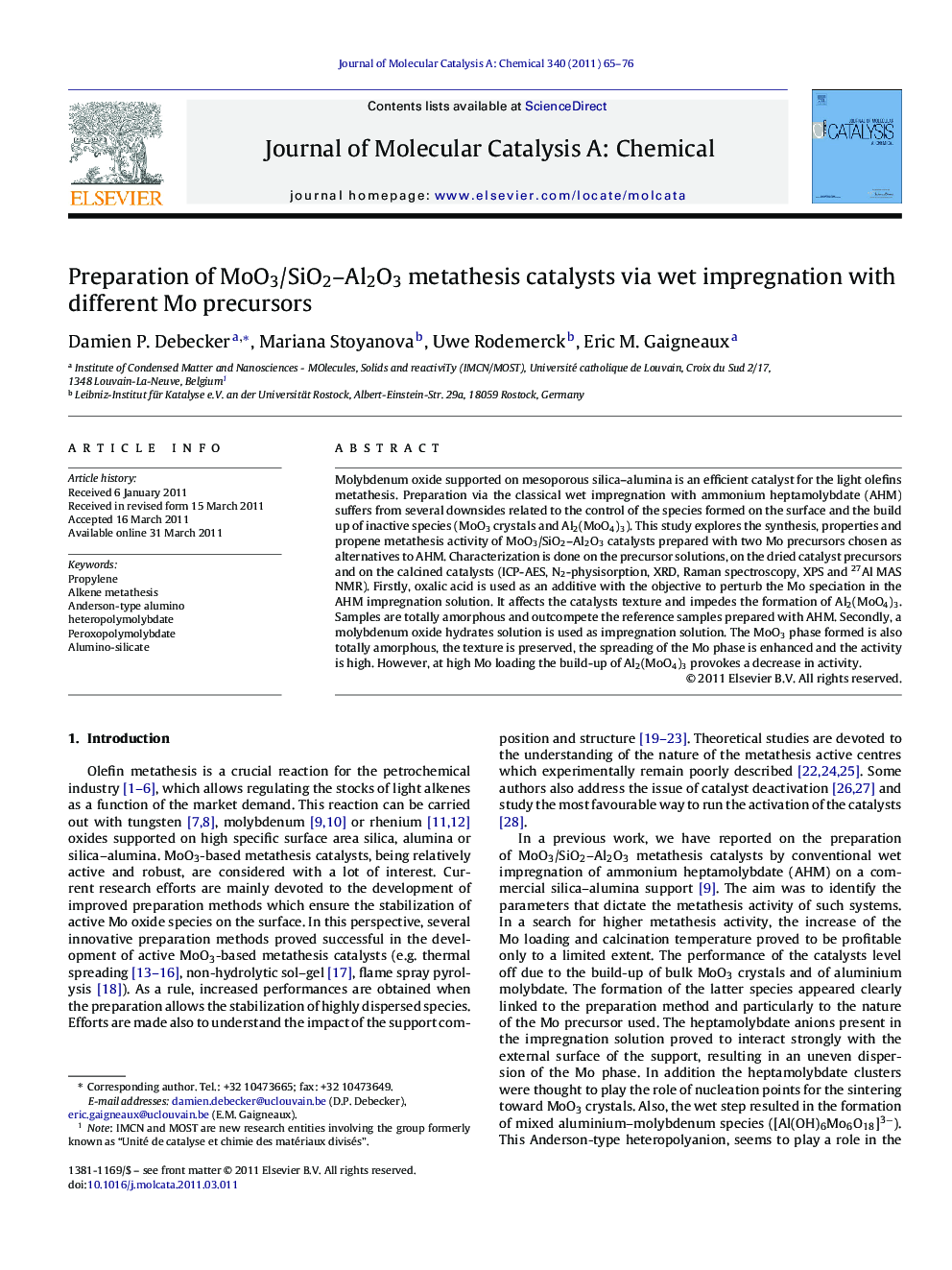 Preparation of MoO3/SiO2–Al2O3 metathesis catalysts via wet impregnation with different Mo precursors
